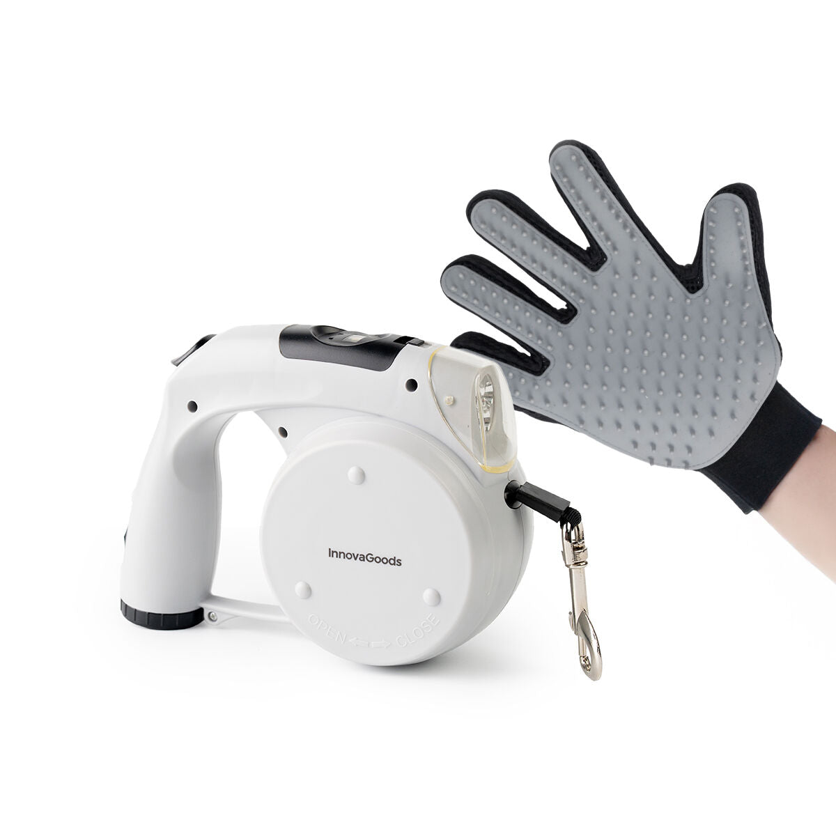 Pack Guante para Cepillar y Masajear Mascotas y Correa Retráctil para Perros 6 en 1 InnovaGoods